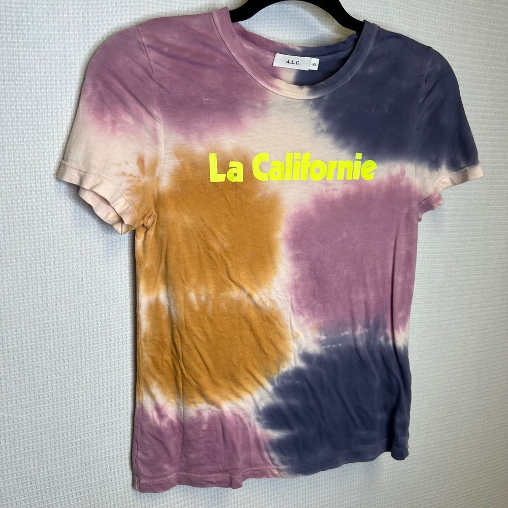 A.L.C. La Californie Tie Dye Supima Cotton Graphic Tee XS Purple Yellow